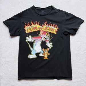 Tom and Jerry Black Graphic T Shirt Mens Medium Cartoon Flames Fire Classic